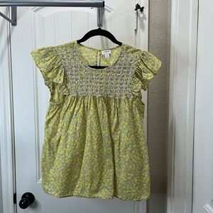 J. Crew Yellow Embroidered Floral Flutter Sleeve Keyhole Top Cottage Boho Size M